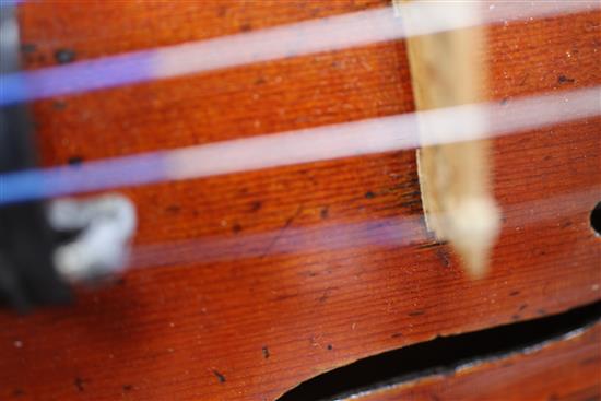 A fine French violin by Jacques-Pierre Thibout, Paris 1838, length of back 14in., crocodile skin case